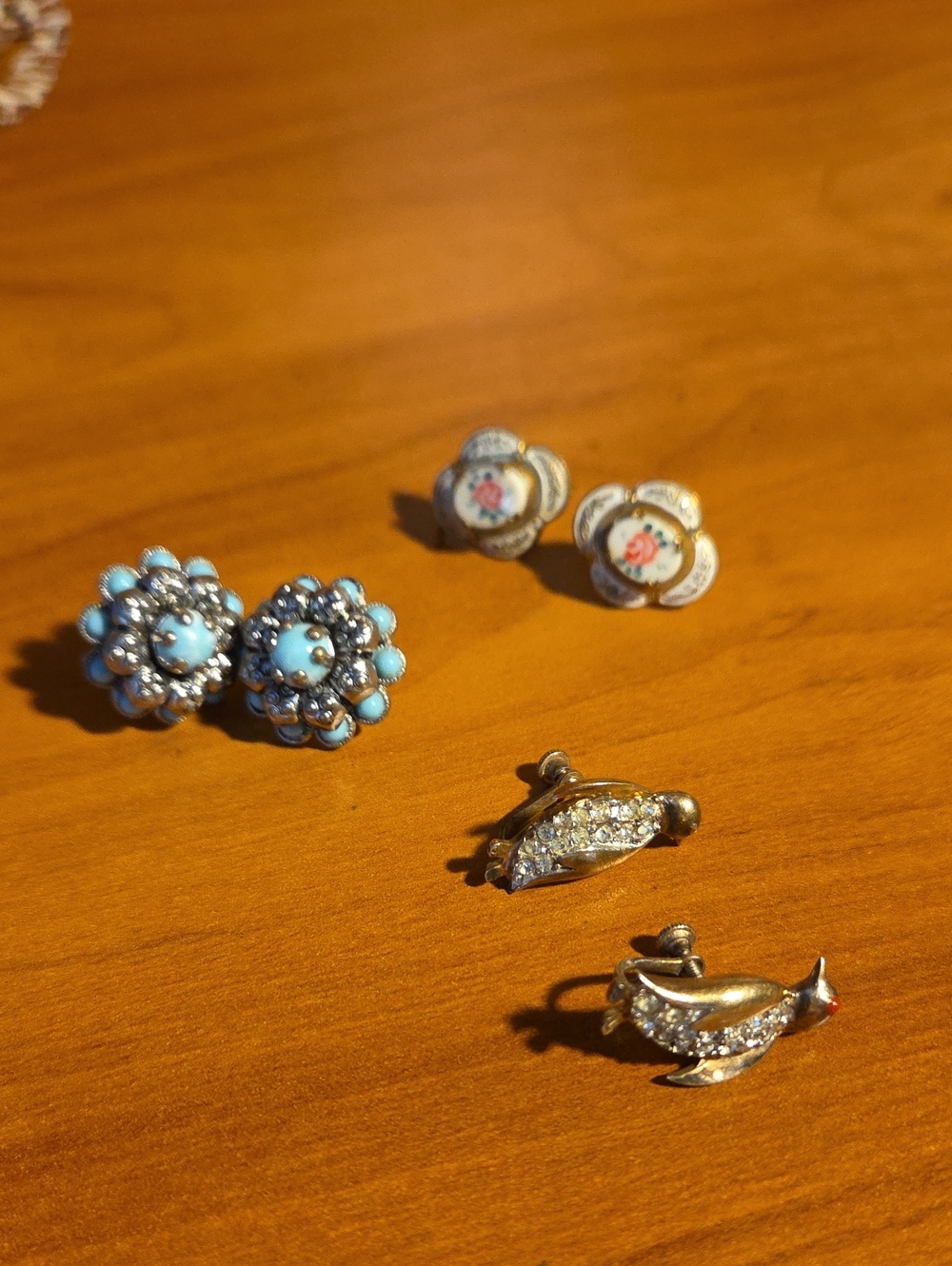 Vintage Gulloche Floral, Turquoise Cluster,Penguin Earrings